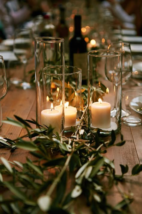 Olive Branch Wedding, Greenery Wedding Centerpieces, Wedding Candles Table, Olive Wedding, Tuscan Wedding, Candle Table, Table Runners Wedding, Tuscany Wedding, Wedding Table Settings