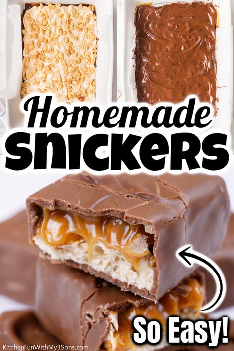 I'm crazy about these Homemade Snickers bars! With caramel, peanuts, chocolate and even marshmallow creme - these are even better than the original candy bar. I can't get enough of them. Candy Bar Recipes, Bars With Caramel, Homemade Snickers Bars, Snickers Bars Recipe, Snickers Recipe, Homemade Chocolate Candy, Candy Bar Recipe, Homemade Candy Bars, Snickers Candy Bar