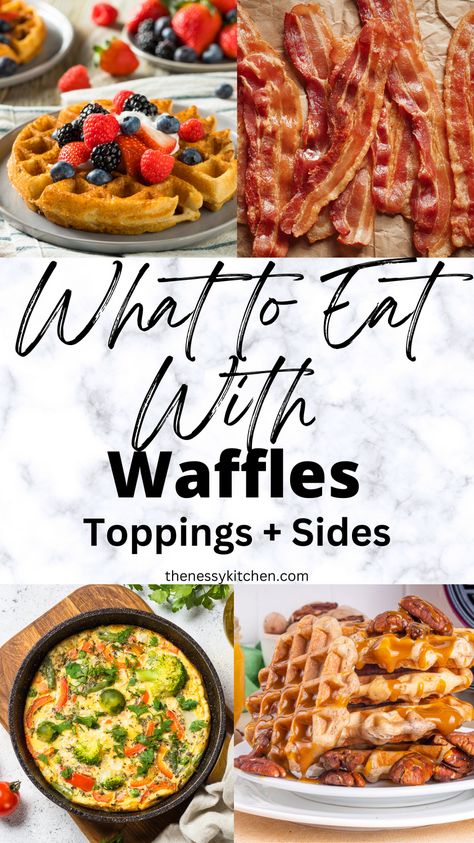 Wondering what to eat with waffles? I've got you covered! I've compiled a list of the best options that pair perfectly with this brunch classic (or if you're having breakfast for dinner!). From toppings and spreads to side dishes and drinks, I've got plenty of ideas for you! Waffles For Dinner Ideas, Breakfast Ideas With Waffles, Best Waffle Toppings, Waffle Bar Brunch Party, Waffles Dinner Ideas, What To Eat With Waffles, Waffle Meal Ideas, Waffle Side Dishes, Easter Waffle Bar