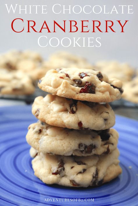 White chocolate cranberry cookies are super soft and chewy and bursting with white chocolate chips and dried cranberries. A fantastic easy to make cookie recipe- adventuresofb2.com #cookies #whitechocolate #cranberry #desserts Christmas White Chocolate, Cranberry And White Chocolate, Chocolate Cranberry Cookies, Cranberry Cookies Recipes, Cranberry Orange Cookies, White Chocolate Cranberry Cookies, Easy To Make Cookies, Oatmeal Raisin Cookies Chewy, White Chocolate Cookies