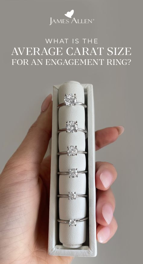 Let's talk averages. 📏 While there's an average #carat size for an #engagement ring, what's the right size for you? 💍 Read on for a few tips to help you choose the best carat size for your budget, finger size and personal preference. Size Of Carats Diamonds, Ring Band Thickness Chart, Ring Carrot Sizes, .50 Carat Engagement Ring, 3karat Engagement Rings, Wedding Ring Carat Size, Engagement Ring Sizes On Hand, Moissanite Carat Size Chart, Diamond Ring Sizes On Hand