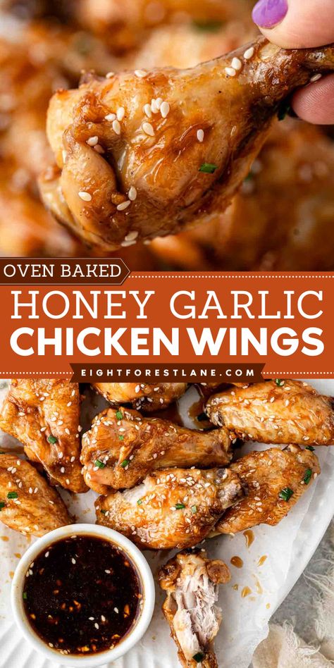 These Honey Garlic Chicken Wings make the best chicken dinner recipe! This baked chicken recipe is tender and crispy, coated in a sweet, sticky, and addicting honey garlic sauce. Pin this easy dinner recipe for the weeknight! Baked Honey Garlic Chicken Wings, Chicken Wings Oven, Wings Oven Baked, Maple Glazed Pork Chops, Wings Oven, Honey Garlic Wings, Baked Honey Garlic Chicken, Slow Cook Beef Stew, Oven Chicken Wings