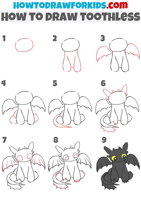 How To Draw Toothless, Toothless The Dragon, Toothless Drawing, Trin For Trin Tegning, Disney Drawing Tutorial, Easy Disney Drawings, Toothless Dragon, Drawing Lessons For Kids, Easy Drawings For Kids