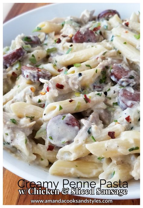 Penne pasta with sauteed chicken and sliced sausage tossed in a delicious creamy parmesan sauce. Chicken And Kielbasa, Sausage Penne Pasta, Kielbasa Pasta, Sausage Penne, Chicken Sausage Pasta, Kid Friendly Meals Easy, Sausage Peppers And Onions, Sausage Peppers, Creamy Parmesan Sauce