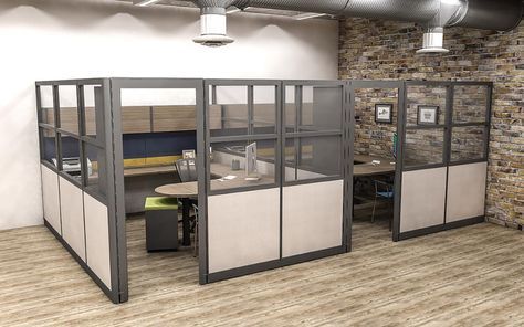 Modular Office Furniture as Private Offices. These tall cubicles make for privacy without the new construction costs. The glass gives a more open feel & welcoming. Office Cubicle Design, Modern Office Cubicle, Cubicle Panels, Cubicle Design, Cheap Office Furniture, Office Dividers, Modular Office Furniture, Modular Office, Cubicle Walls