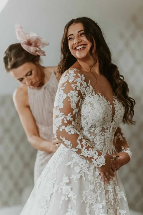 Illusion Sleeve Wedding Dress At LGBTQ+ Bassmead Manor Barns V Neck Wedding Dress Lace, Illusion Sleeve Wedding Dress, Sleeve Wedding Dress Lace, Bridesmaid Dress Pink, Wedding Getting Ready Photos, Pink Mother Of The Bride, Bridal Honeymoon, Illusion Wedding Dress, Lee Daniels