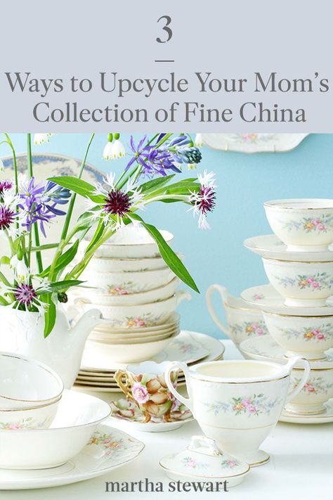 Put that inherited fine dishware to good use with one of these three ways to upcycle fine China around your home. See the full instructions for these creative home decor DIYs, or make one as a handmade gift for family members. #marthastewart #diydecor #diyprojects #diyideas #handmadegiftideas What To Do With Grandmas China, Ideas For Old China Dishes, Uses For Old China Dishes, China Repurposed Ideas, Using China Everyday, Decorating With China Dishes, China Plate Crafts, Fine China Display Ideas, Crafts With China Dishes