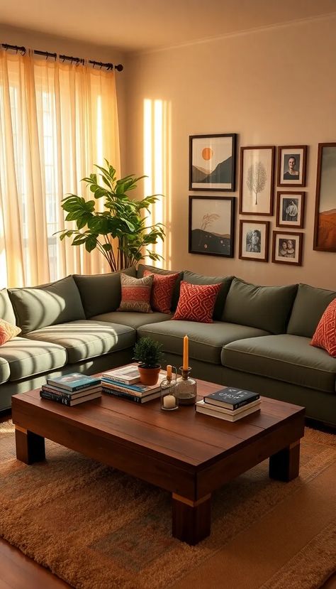 Discover the warmth of a cozy living room, where golden sunlight dances through sheer ivory curtains. A plush teal sectional beckons relaxation, adorned with vibrant throw pillows that pop with color. At the heart, a rustic wooden coffee table holds curated coffee table books, a charming succulent, and a vintage candle holder. Framed artworks line the walls, while a lush indoor plant breathes life into the space. This inviting retreat is perfect for gatherings and relaxation. #CozyHome #InteriorDesign #LivingRoomInspiration Apartment Inspiration Living Room, Small Living Room Ideas Layout, Teal Sectional, Sheer Ivory Curtains, Small Living Room Ideas Apartment Cozy, Cozy Living Room Inspiration, Rustic Wooden Coffee Table, Ivory Curtains, Room Design Modern