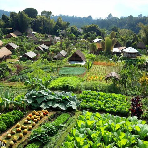 A view of the farming village, with various crops, fruits, and vegetables growing organically. - Image Creator Nature, Farm Village Design, Homestead Village, Book Brainstorming, Eco Village Community, Crops Farm, Eco Farming, Real Estate Vision Board, Eco Community