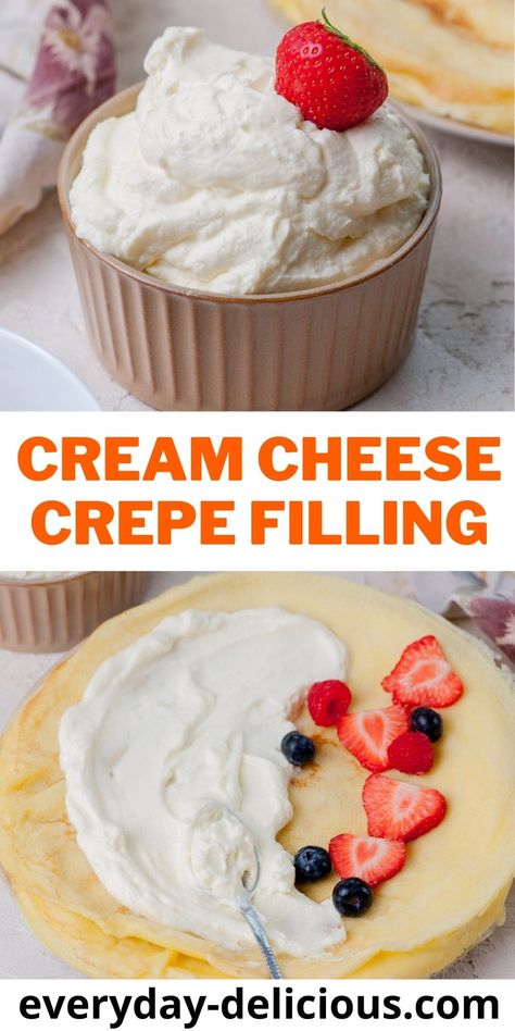 Cream For Crepes, Cream Cheese Filling For Crepes, Filling For Crepes, Cream Cheese Crepe Filling, Crepe Recipe Filling, Crepe Filling, Pancake Fillings, Blintzes Recipe, Peaches Cream Cheese