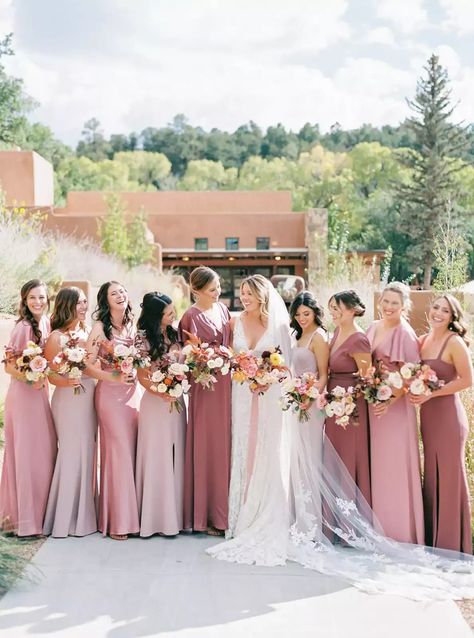 bride with bridesmaids wearing mismatched pink dresses Pink Bridesmaid Dresses Mismatched, Rose Pink Bridesmaid Dresses, Mismatched Dresses, Dusty Pink Bridesmaid Dresses, Dusty Rose Bridesmaid Dresses, Rose Bridesmaid Dresses, Pink Bridesmaid Dress, Bridesmaid Colors, Mismatched Bridesmaids