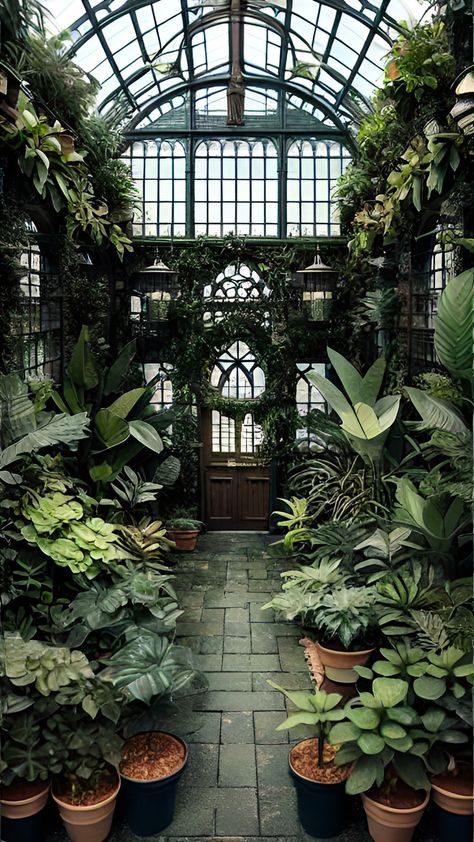 Victorian Greenhouse Interiors, Gothic Solarium, Dark Greenhouse Aesthetic, Vintage Greenhouse Aesthetic, Plant Solarium, Green House Inside, Gothic Garden Aesthetic, Enchanted Greenhouse, Victorian Orangery