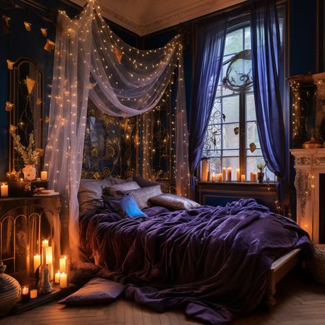 Dream Room Inspiration Purple, Purple Galaxy Bedroom, Purple Witch Bedroom, Witch Dorm Room, Galaxy Bedroom Aesthetic, Celestial Interior Design, Galaxy Bedroom Ideas, Galaxy Aesthetic Room, Galaxy Living Room