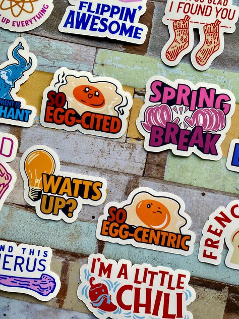 Typography Sticker Design, Brand Sticker Design, Funny Sticker Ideas, Food Sticker Design, Funny Branding, Quirky Stickers, Sticker Pack Design, Sticker Branding, Branded Stickers