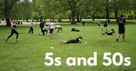 The 5s and 50s Bootcamp Workout | Bootcamp Ideas Bootcamp Games, Workout Bootcamp, Bootcamp Ideas, Bootcamp Workout, Squat Thrust, Strength And Conditioning Workouts, Workout Design, Medicine Balls, Conditioning Workouts