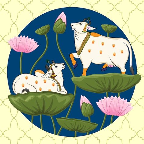 Cow And Lotus Pichwai, Traditional Pichwai Paintings, Cute Drawings Paintings, Cow And Lotus Painting, Cute Cow Art Drawing, Traditional Prints Indian, Pichwai Paintings Lotus And Cow, Cow Art Painting, Pichwai Art Paintings Cow