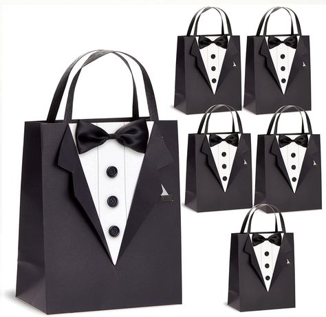 6 Pack 3D Tuxedo Gift Bags with Satin Bow Tie, Real Buttons for Wedding Groomsmen Gifts for Bachelor Birthday, Bachelor Party Gift Favors Celebration (Black, 8 x 4.5 x 10 Inches) Wedding Groomsmen Gifts, Groomsmen Bags, Black Tuxedo Wedding, Tuxedo Design, Wedding Party Groomsmen, Groomsmen Gift Bags, Groomsmen Proposal Gifts, Groomsmen Gift Set, Bachelor Party Gifts