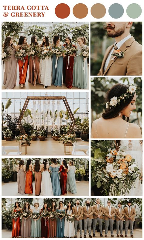 Need some color scheme inspiration for your bohemian wedding? My bridal party dresses were silk rust, sage green, dusty blue, and velvet! These tan suits and boho vibes are everything. Check out this blog post for more photos of my wedding! Photos by Inna Kova Photography Dusty Blue And Rust Bridesmaid Dresses, Wedding Colors Rust And Sage, Dusty Rust Wedding Theme, Rustic Boho Wedding Sage Green, Dusty Blue Sage Green Terracotta, Rust Blue Green Color Scheme, Sage Green Dusty Blue Bridesmaid Dresses, Dusty Blue Sage Green Rust Wedding, Sage And Rust Bridesmaid Dresses