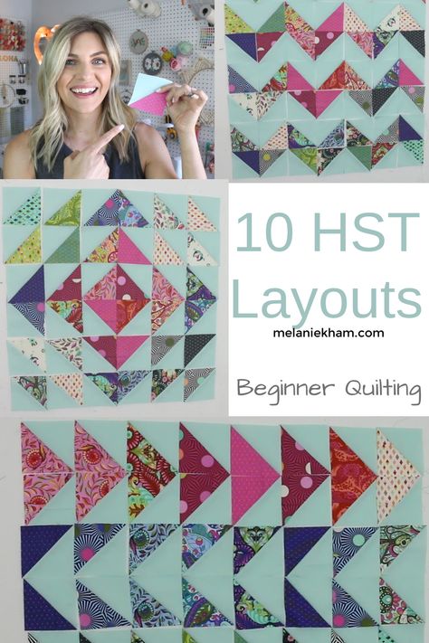 Check out these 10 great half square triangle quilt layouts for beginner quilters! There is also a tutorial for making the hst units. Half Square Triangle Quilts Sewing Patterns, Half Square Triangle Tutorial Simple, Simple Triangle Quilt Pattern, Isosceles Triangle Quilt Pattern Free, Half Triangle Quilt Blocks, Half Square Triangle Flying Geese, Hst Quilt Blocks Half Square Triangles, Quilts Using Hsts, Accuquilt Scrap Quilts