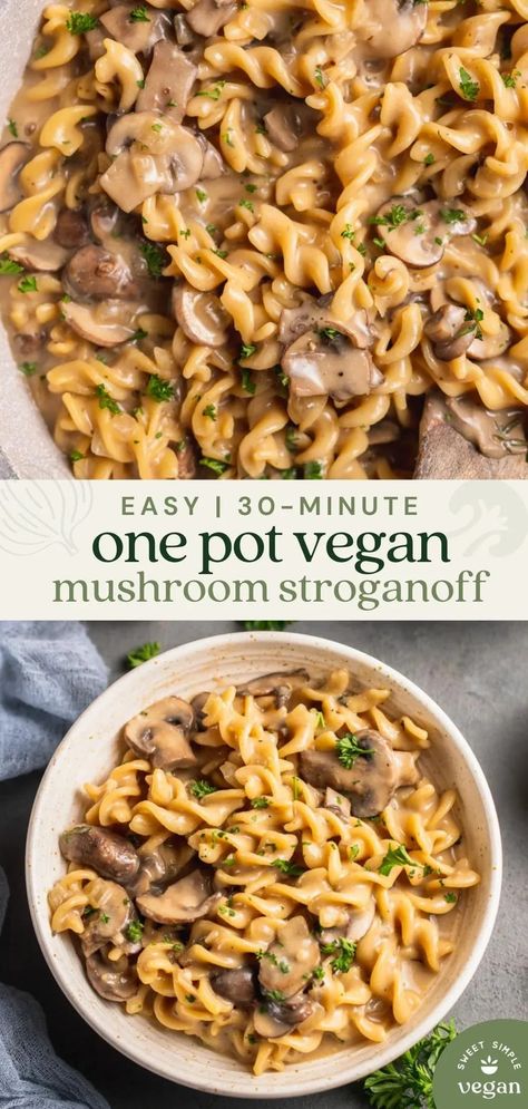 Easy Vegan Dinner For One, Filling Vegan Dinner, Vegan Meal Easy Quick, Very Easy Vegan Recipes, Easy Vegan Mushroom Stroganoff, Vegan Dinner With Mushrooms, Easy October Dinners, Vegan One Pot Pasta Recipes, Easy One Pot Vegan Meals