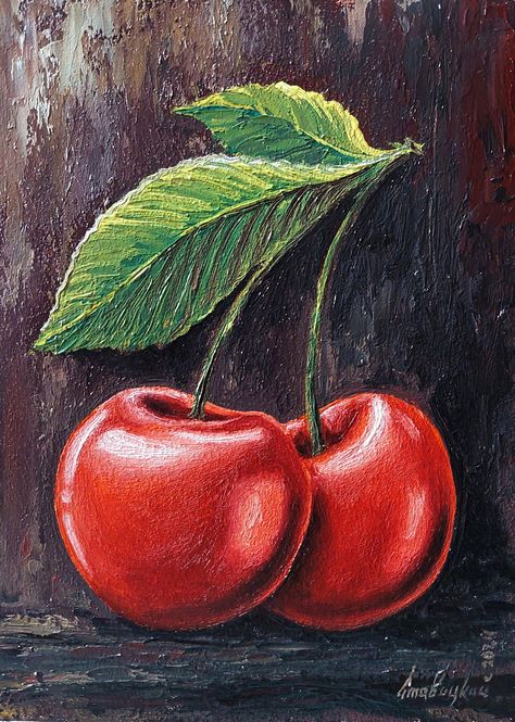 This original oil painting, titled "Sweet Cherries," captures the vibrant and juicy essence of fresh fruit. Measuring 5.1 x 7.1 inches (13x18 cm) and crafted with oil paints on hardboard, each piece in this series embodies the brightness and freshness of fruit. The artwork aims to evoke the sensation of being in a fragrant garden, surrounded by the enticing aroma of ripe fruits, as if they have just been plucked from the branch. Famous Fruit Paintings, Fruit Sculptures Art, Oil Paint Painting, Realistic Fruit Painting, Still Painting Ideas, Cherry Painting Acrylic, Fruit Painting Easy, Fruit Acrylic Painting, Easy Still Life Painting