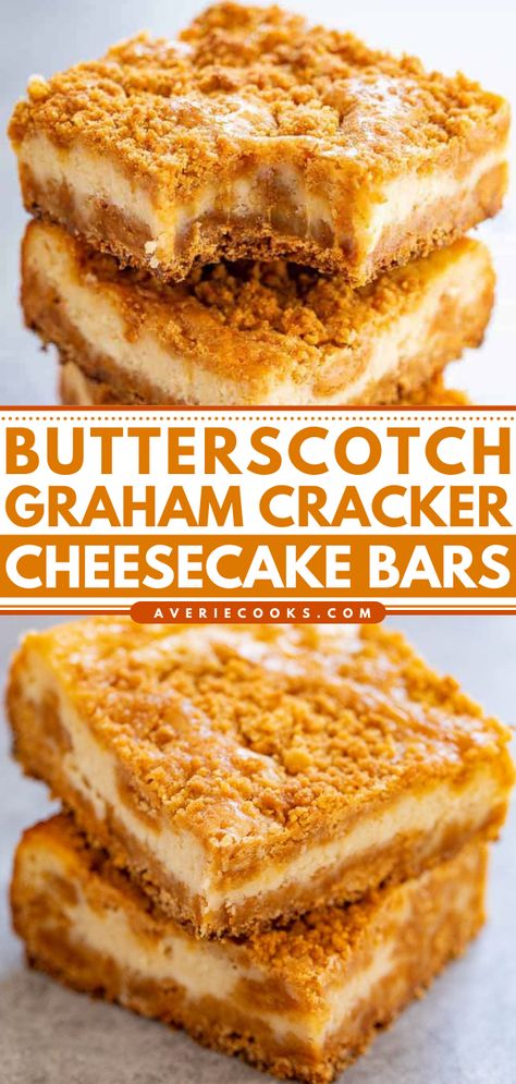 Butterscotch Cheesecake Bars Recipe (So EASY!) - Averie Cooks Nutrageous Candy Bar Recipe, Dessert Recipes Potluck, Delicious Summer Desserts, Easy Desserts To Bake, Graham Cracker Cheesecake, Butterscotch Cheesecake, Work Desserts, Cheesecake Bars Easy, Biscuits Graham