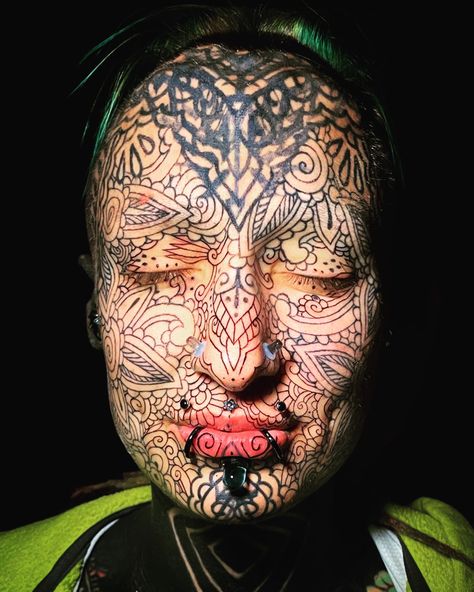 Ornamental face tattoo #facetattoo #tattoo #tattooideas #tattooart #tattoosforwomen #ornaments #inkmaster #inked Ornamental Face Tattoo, Face Tattoos For Women, Tattooed Women, Facial Tattoos, Body Tattoo, Full Body Tattoo, Face Tattoos, Ink Master, Face Tattoo