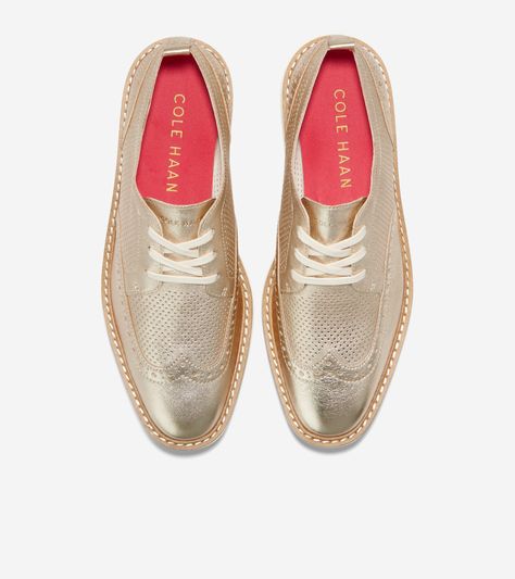 Women's ØriginalGrand Platform Wingtip Oxford in Gold | Cole Haan Cole Haan Women Shoes, Leather Shoe Care, Dressy Hats, Comfortable Work Shoes, Brogues Style, Gold Platforms, Oxford Boots, Wingtip Oxford, Cole Haan Women