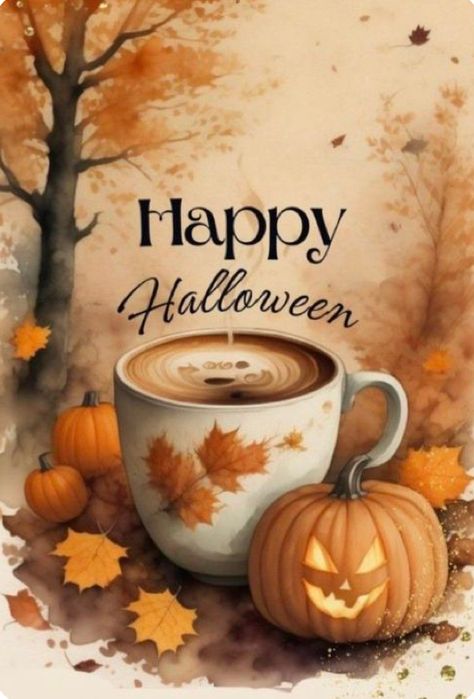 Good Morning Happy Halloween, Pumpkin Background Wallpapers, Happy Halloween Aesthetic, Fall Coffee Aesthetic, Happy Halloween Greetings, Happy Halloween Illustration, Halloween Cafe, Happy Halloween Images, Happy Halloween Wishes