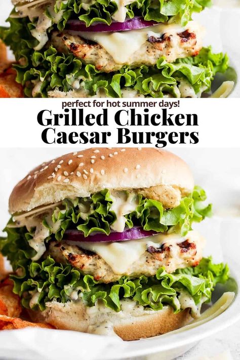 Chicken Caesar Burger - a delicious, easy grilled chicken caesar burger that is juicy and packed with flavor! Perfect for summer! #chickencaesarburger #chickencaesarsaladburger #caesarchickenburgers #grilledchickenburgers Alcove Range, Grilled Chicken Caesar, Chicken Caesar, Summer Christmas, Poultry Recipes, Burger Recipes, Christmas Decor Ideas, Hair Tips, Weeknight Meals