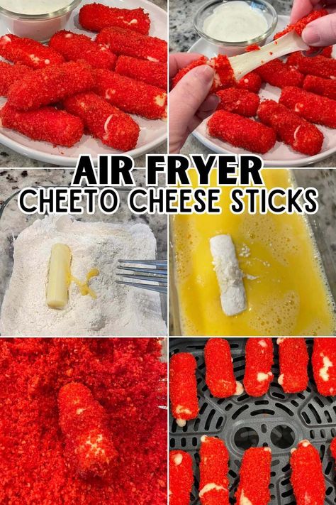 Hot Cheeto Cheese Sticks are crispy and crunchy on the outside with ooey, gooey mozzarella in the middle, this fun finger food is the perfect party snack, tailgate treat, appetizer, or game-day starter. #hotcheetos #cheetos #snack #spicy Recipes With Mozzarella Sticks, Mozzarella Dinner Ideas, Air Fryer Hot Cheeto Mozzarella Sticks, Hot Honey Mozzarella Sticks, Hot Cheeto Cheese Sticks, Homemade Mozzerella Stick Recipe Air Fryer, Recipes With Cheese Sticks, Hot Cheetos And Takis Snacks, Air Fryer Twinkies