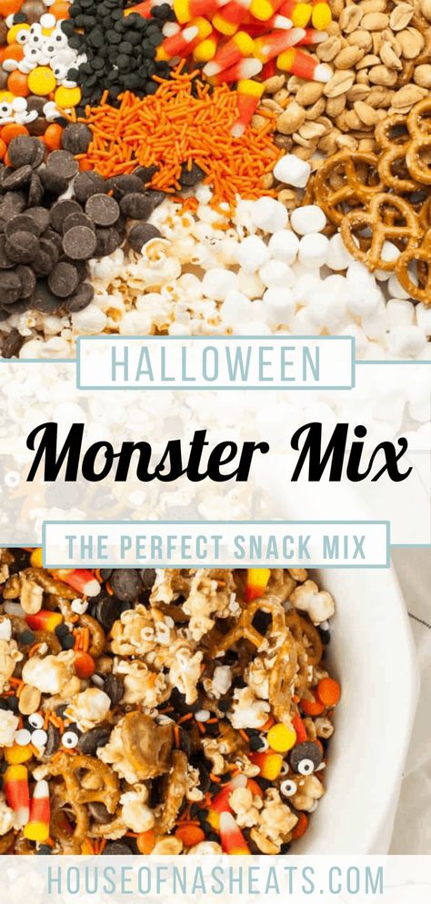 Halloween Monster Snack Mix Halloween Snacks Popcorn, Halloween Party Popcorn, Popcorn Fall Snack, Sweet And Salty Fall Snack Mix Recipes, Fall Snack Mix With White Chocolate, Halloween Popcorn Trail Mix Recipe, Sweet And Salty Halloween Snacks, Sweet And Salty Halloween Chex Mix Recipes, Halloween Party Mix Snacks