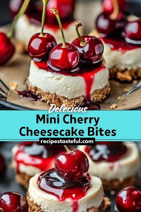 Delightful bite-sized desserts featuring a creamy cheesecake filling atop a buttery graham cracker crust, topped with sweet cherries and cherry syrup. Perfect for parties or a quick indulgence! Cheesecake With Cherries, Cherry Cheesecake Cups, Cherry Cheescake, Cherry Cheesecake Bites, Mini Cherry Cheesecakes, Oreo Cheesecake Bites, Cherry Cheesecake Recipe, Mini Cheesecake Bites, Cheesecake Bites Recipe