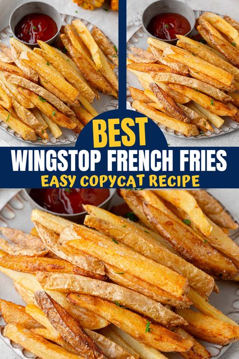 A three way split picture of Wingstop french fries on a plate. Wingstop Seasoned Fries Recipe, Boardwalk Fries Recipe, Wingstop Fry Seasoning, The Best Homemade French Fries, Best French Fries Recipe, Best Home Fries Recipe, Wingstop Fries Seasoning Recipe, How To Season Fries, Copycat Wingstop Fries