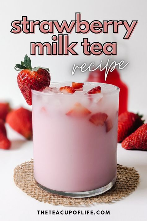 strawberry milk tea recipe Strawberry Milk Boba Tea, Strawberry Milk Cocktail, Pink Milk Recipe, Spring Tea Recipes, How To Make Strawberry Milk Tea, Strawberry Milk Recipes, Coconut Milk Tea Recipe, Tea Lattes Recipes, Strawberry Tea Recipe