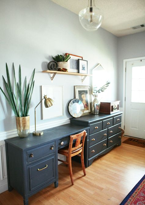 Entryway + Office Makeover | In Honor Of Design Desk In Foyer Entry Ways, Entry Way Study Nook, Entryway Office Ideas Small Spaces, Desk In Entryway Ideas, Entry Desk Entryway, Home Office In Entryway, Foyer Desk Entryway, Desk In Entryway Entrance, Entryway Desk Ideas Foyers