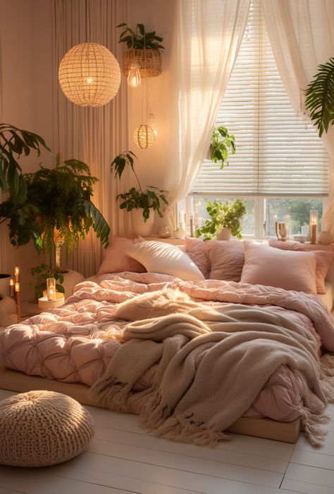 Bedroom decoration ideas, bedrooms for women are designed in a feminine, soft, cute style Aesthetic Boho Bedroom Ideas, Room Ideas Women Bedroom, Pink Bedroom Plants, Soft Romantic Bedroom, Pink Plant Bedroom, Pink Bedroom With Plants, Neutral Pink Bedroom, Pink Boho Room, Boho Pink Bedroom