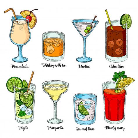 Alcoholic drinks set. set of isolated colorful sketch cocktails. Premium Vector Drinking Drawing Alcoholic, Drink Art Drawing, Cute Drink Drawings, Drawing Drinks, Drink Sketch, Cocktail Sketch, Drinks Drawing, Drink Drawing, Cocktails Drawing