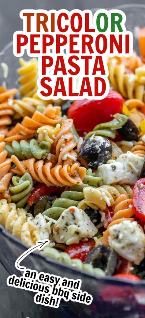 Tricolor Pepperoni Pasta Salad (an Easy And Delicious BBQ Side Dish) | Easy Recipes Tri Color Rotini Pasta Salad, Tri Color Pasta Recipes, Italian Pasta Salad With Pepperoni, Pasta Salad With Pepperoni, Salad With Pepperoni, Pepperoni Pasta Salad, Tri Color Pasta Salad, Easy Bbq Side Dishes, Rotini Pasta Salad