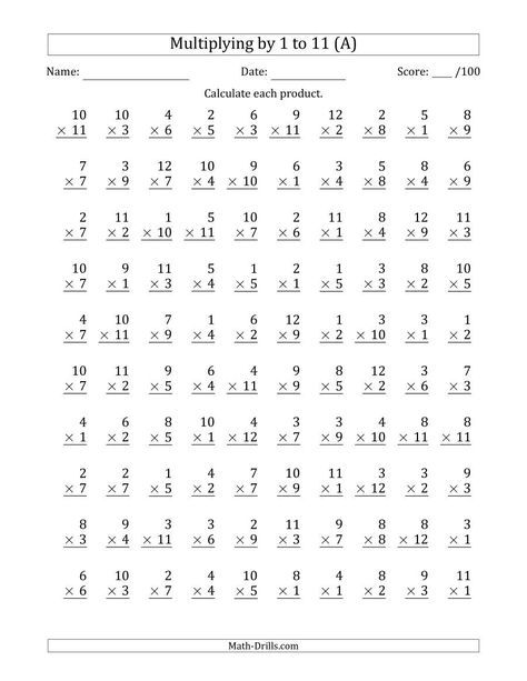 The Multiplying by 1 to 11 with Factors 1 to 12 (100 Questions) (A) Math Worksheet from the Multiplication Worksheets Page at Math-Drills.com. Free Printable Multiplication Worksheets, Free Multiplication Worksheets, Times Tables Worksheets, Printable Multiplication Worksheets, Multiplication Facts Worksheets, Math Multiplication Worksheets, Math Fact Worksheets, Math Drills, 3rd Grade Math Worksheets