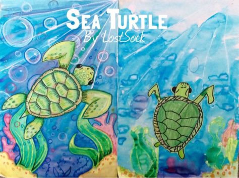 (Above: Teacher and Kindergartner)   ---------------------------------------------------------------------------------------------  ... Turtle Art Kids, Third Grade Art Project, Ocean Art Projects, Sea Turtle Drawing, Third Grade Art, Kindergarten Art Lessons, Animal Art Projects, Sea Turtle Art, 6th Grade Art