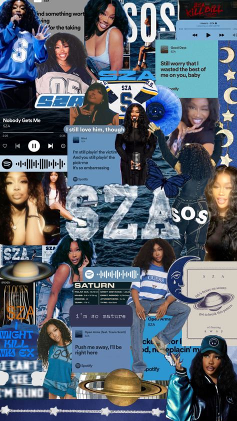 sza wallpaper collage!! 💙🪐 #sza #shuffles #wallapaper #wallpapercollage #collageart #szacollage R And B Aesthetic Wallpaper, Wallpaper Backgrounds Celebrities, Sza Aesthetic Wallpaper Ipad, Cute Pinterest Wallpaper, Sza Wallpapers Ipad, Song Collage Wallpaper, Artist Collage Wallpaper, Badies Wallpaper, Sza Wallpaper Aesthetic