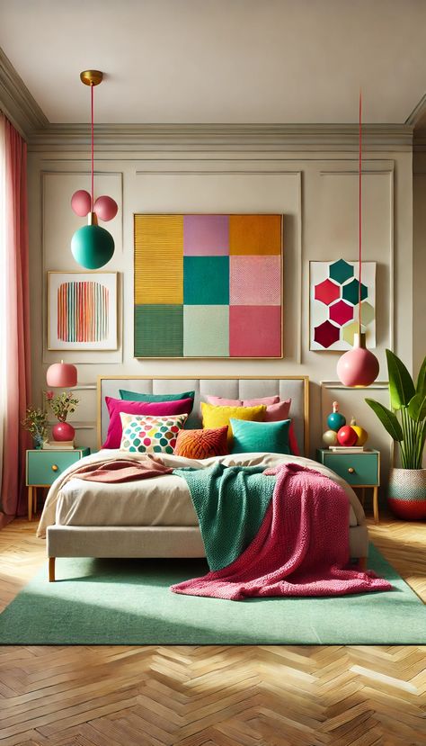 Transform your space with this vibrant home bedroom refresh! Featuring colorful accents and cozy textures, this look adds energy and comfort to any room. Perfect for a style upgrade that feels both modern and inviting. Get inspired today! #HomeDecor #BedroomInspo #InteriorDesign Bedroom Color Schemes Eclectic, Interior Design Bedroom Colorful, Vibrant Guest Bedroom, Vibrant Bedroom Ideas Eclectic, Bedroom Decor Colourful, Calm Colourful Bedroom, Bright Happy Bedroom Ideas, Colorful Artsy Bedroom, Maximalist Bedroom Colorful