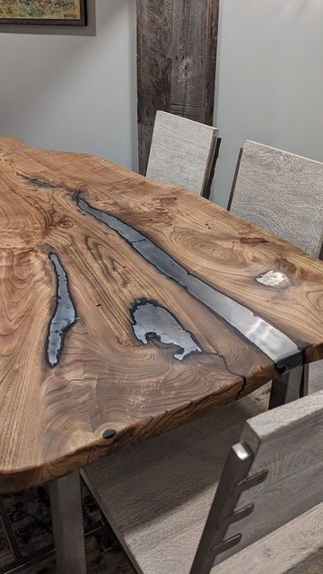 Ira Houseweart on Instagram: "Fire river table. Aluminum drops and aluminum cans were melted down to fill the cracks and voids in an elm slab. Fabricated stainless table underneath. . . . #fire #aluminum #diningtable #slabwood #recyle #beercans #sustainablymade #elm #stainlesstable #hotmetal #diningroomdecor #oneofakind" Melted Aluminum Projects, Metal Inlay In Wood, Stainless Table, Wood And Metal Table, Tre Kunst, Simple Wood Carving, Hardwood Table, Wood Table Design, Metal Cladding