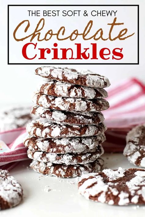 Soft and Chewy Chocolate Crinkle Cookies are a family favorite Christmas cookies. These moist brownie-like cookies aren't just for Christmas though. You can enjoy this cookie's chocolaty goodness all year long. Be sure to add this recipe to your Christmas cookie list. Chocolate Crinkles are also great to share at a Christmas Cookie exchange. Chocolate Crinkles Recipe, Crinkles Recipe, Favorite Christmas Cookies, Chocolate Crinkle Cookies Recipe, Cream Cheese Pinwheels, Crinkle Cookies Recipe, Chocolate Crinkle, Italian Christmas Cookies, Holiday Cookie Exchange