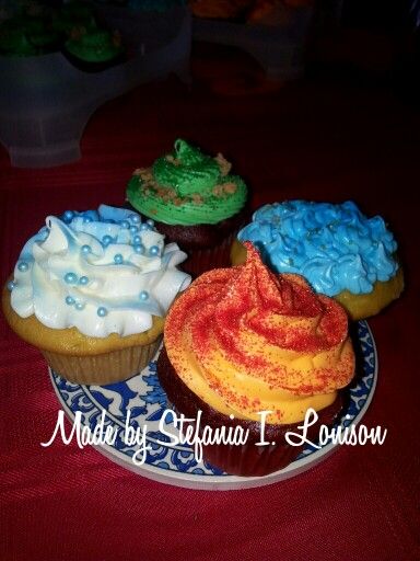 Last Airbendor Cupcakes....Earth,  Wind, Fire, and Water 4 Elements Party, Element Birthday Party, Avatar Cupcakes Ideas, Avatar The Last Airbender Cupcakes, Element Party Ideas, Elemental Themed Food, Elemental Movie Birthday Party, Elemental Movie Food Ideas, Elemental Party Ideas