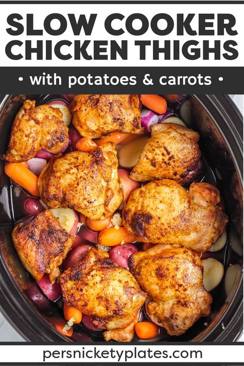 Slow Cooker Chicken Thighs with Potatoes & Carrots is an easy recipe that makes your entire dinner right in the crockpot! Juicy chicken thighs, tender potatoes and carrots, and a flavorful chicken gravy to pour over the top make this a meal the whole family will love. | www.persnicketyplates.com Chicken Thighs Potatoes Carrots, Chicken Thighs Slow Cooker Recipes, Chicken Thighs Potatoes, Crock Pot Chicken Thighs, Crockpot Chicken Thighs, Slow Cooker Chicken Thighs, Potatoes And Carrots, Potatoes Carrots, Crock Pot Chicken