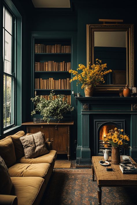 a dark green living room with mustard velvet sofa, vintage coffee table and fire lit Dark Green Living Room, Sunset Garden, Dark Green Walls, Interior Design Per La Casa, Cosy Spaces, Inspire Me Home Decor, Primary Bedroom, Green Home Decor, Vintage Living Room