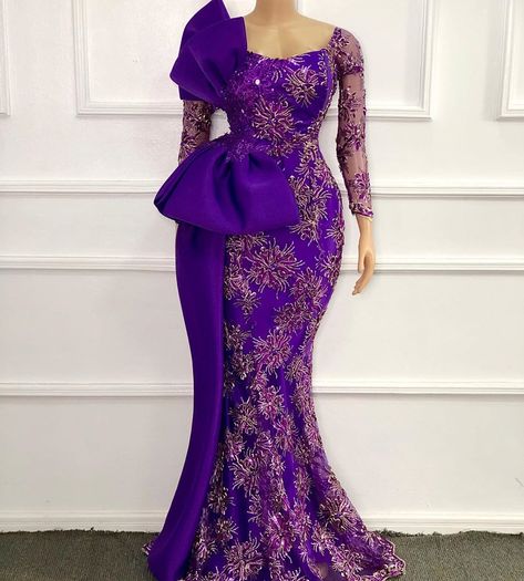 Lace Styles For Wedding, Nigerian Lace Dress, Nigerian Dress Styles, Dresses Long Sleeves, Nigerian Lace Styles Dress, Nigerian Lace Styles, Purple Evening Dress, African Lace Styles, Styles Dress