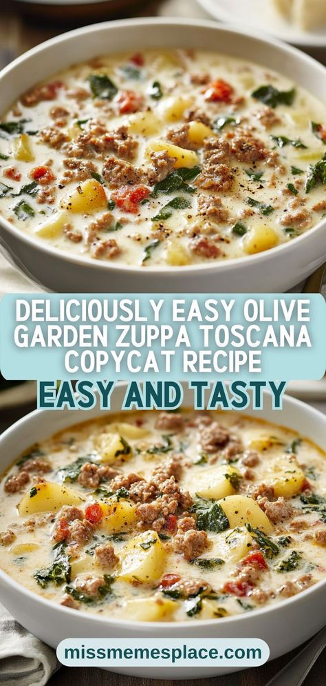 Discover how easy it is to make a delicious Olive Garden Zuppa Toscana copycat recipe at home! This creamy soup combines savory sausage, fresh kale, and diced potatoes in a flavorful chicken broth, providing the perfect blend of textures and tastes. Whether you're entertaining guests or enjoying a quiet night in, this comforting dish is sure to satisfy. Packed with fresh ingredients and rich flavors, this recipe allows you to whip up a restaurant-quality meal without stepping out your door! Toscana Soup Olive Garden, Copycat Zuppa, Zuppa Toscana Soup Olive Garden, Copycat Zuppa Toscana, Soup Olive Garden, Olive Garden Zuppa, Zuppa Soup, Olive Garden Soups, Sausage And Kale Soup